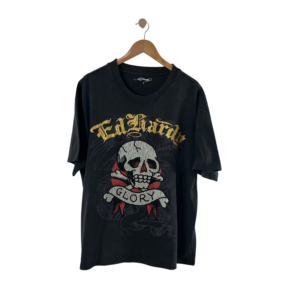 Ed Hardy Mens Large Skull Glory Rhinestone T-Shirt Vintage Charcoal Grunge Artsy